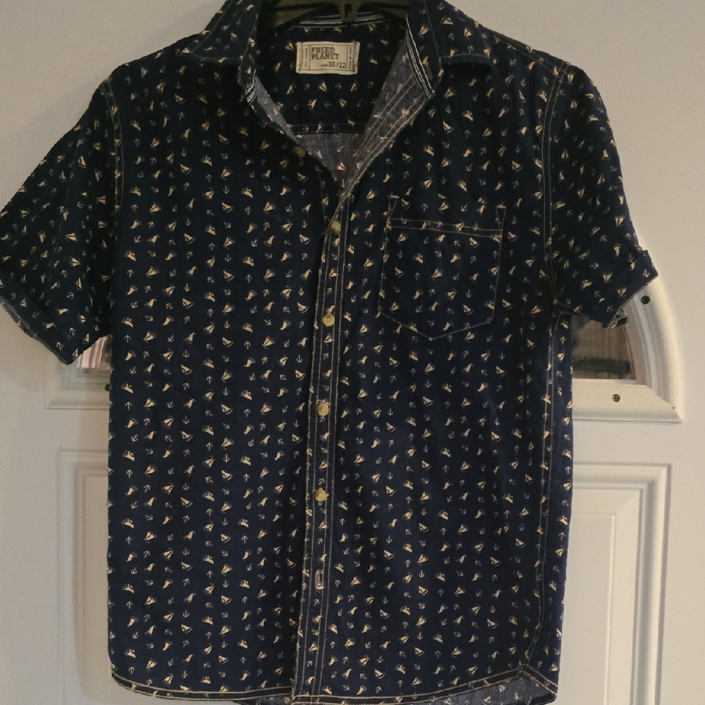 Free Planet Navy Blue Patterned Button Down Shirt